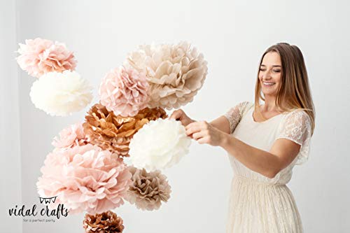 Vidal Crafts 20 Pcs Dusty Pink, Rose Gold, Ivory, Pastel Grey, Tissue Paper Pom Poms Kit, 14", 10", 8", 6", Tissue Paper Flowers For Wedding, Birthday, Bridal Shower, Bachelorette, Baby Shower Décor #TOP1