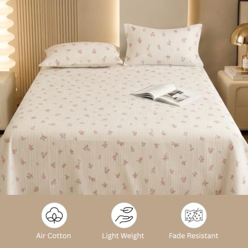 Image of Marrow Lane 300 TC Soft Air Cotton Double Bedsheet | Petite Fleur | Flatsheet with 2 Pillow Covers | Ditsy Rosebud Stripe Print (228.6 x 254 cm, Ivory & Pink)