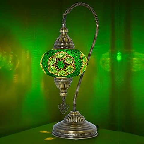mozaist Moroccan Mosaic Tiffany Style Desk Lamp, Turkish Stained Glass Handmade Bedside Gooseneck Table Lamp, Bohemian Living Room Vintage Light with E12 Socket & US Plug (Dark Green) Cover