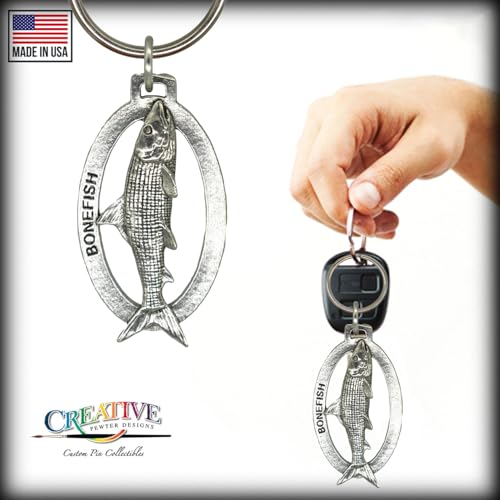 Bonefish Keychain, Pewter, S037KC, 2”, 100% Handmade in the USA, Fish Keychain, Saltwater Key Chain, Bonefish Key Ring, Albula vulpes, Key Fob, Fishing Gift, 200 Fish Designs Available.4