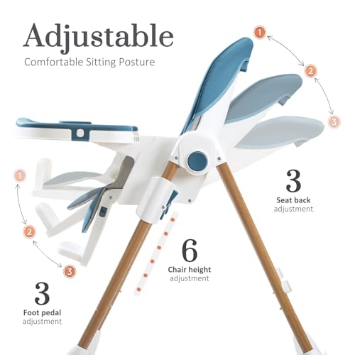 Image of Foldable High Chairs for Babies and Toddlers, 3-in-1 Convertible Baby High Chair with Removable Soft Cushion and Tray, Adjustable Height & Recline, Lockable Wheels, Dark Blue