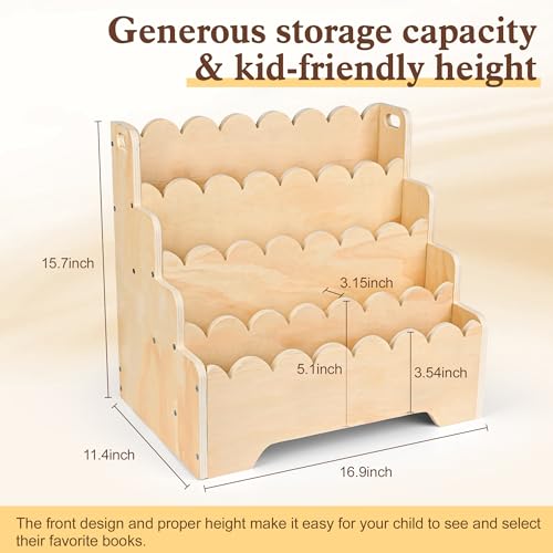 MBYD Wooden Kids Bookshelf 4-Tier, Scalloped Book Shelf for Kids, Front Facing Toddler Montessori Bookshelf, Baby Nursery Book Shelves, Children Bookcase Organizer for Bedroom Playroom Living Room - Image 4