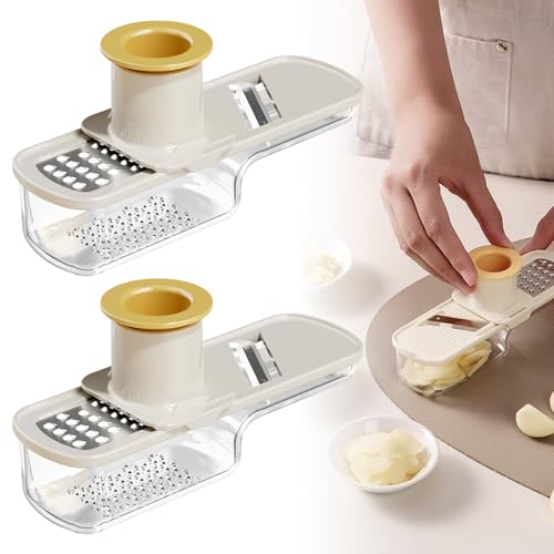 Molinillo de ajo multifuncional y mandolina, 2026 nuevo 4 en 1, herramienta trituradora de ajo, cortador de mandolina de verduras con contenedor, utensilios de cocina (blanco)