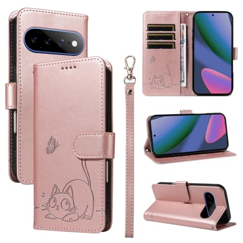 Étui Google Pixel 11 Pro XL or rose à rabat en cuir avec motif chat papillon