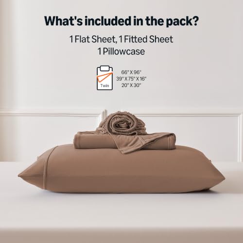 Image of Amazon Basics Jersey Knit 3-Piece Sheet Set, Wrinkle Resistant and Easy Fit, Includes 16 inch Deep Pocket Fitted Sheet, 1 Flat Sheet and 1 Pillowcase, Twin, Light Brown