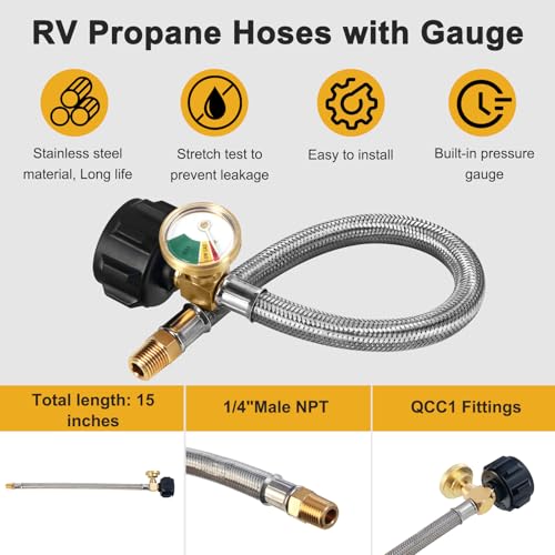 image for LONGADS 15 inch (Packs of 2) RV Propane Hoses with Gauge, Stainless St