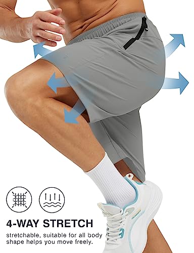Rdruko Men's Hiking Shorts 7 Inch Inseam Quick Dry Workout Shorts Lightweight Running Athletic Short With Zipper Pockets,Light Grey,L #TOP3
