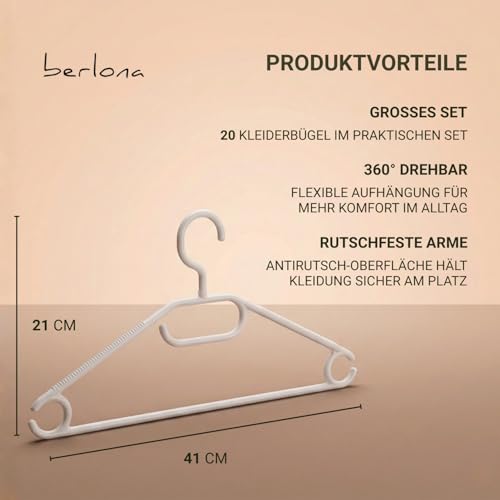 Berlona Kleiderbügel mit 360° drehbarem Haken | 20 Stück rutschfeste Kunststoffbügel | Platzsparendes Design, Made in Europa | Für leichte Mäntel, Pullover, Hemden und Krawatten | Weiß