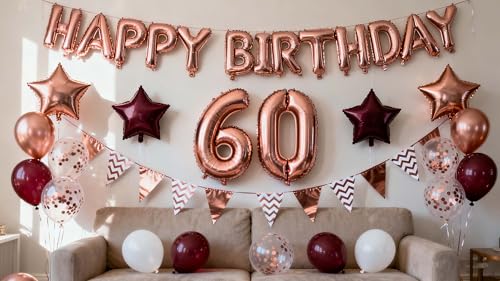 60.Geburtstag Dekorationen Weinrot Roségold für Frauen, Happy Birthday Ballon Wimpel Banner Nummer 60 Geburtstag Luftballons Wein Rot Star Folie Ballons Roségold für Ihre Mutter 60. Geburtstaga
