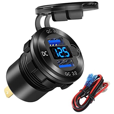 12V/24V USB Outlet Quick Charge 3.0 Dual USB Car Charger Socket with Blue Voltmeter, Waterproof Aluminum Cigarette Lighter USB Charger DIY Kit for Car Marine Motorcycle RV Boat Golf Cart, etc. Cover