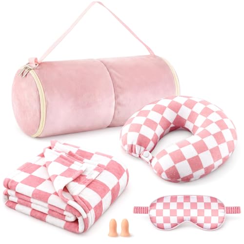 HunnmingRe 5 Pcs Travel Pillow and Blanket Set, 5 in 1 Travel Airplane Compact Includes 40 x 60 Inch Throw Blanket Eye Mask Neck Pillow Earplug and Bag Gifts for Travelers Women(Checkered,Pink) by HunnmingRe - Used condition - US$22.56