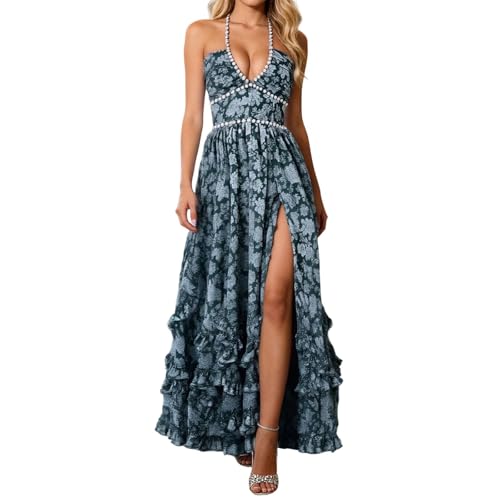 Robe de soirée col en V pour femme avec épaules dénudées et motif floral