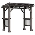 Outsunny 8' x 5' BBQ Grill Gazebo with 2 Side Shelves, Outdoor Hardtop Barbecue Barrier with Slanted Steel roof, Solid Wood Frame