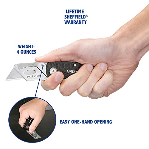 Image of Sheffield Folding Utility Knife, Accepts Standard Utility Knife Blades, Box Cutter Aluminum Handle, Razor Blades Included, For Home, Office, Trades, and Warehouse