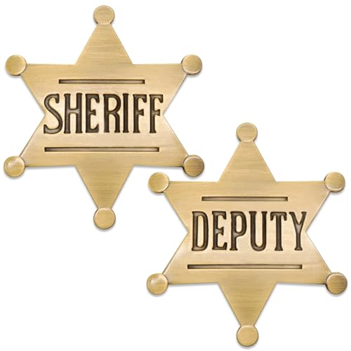 Huwane 1 PCS Sheriff Badge and 1 PCS Deputy Sheriff Badge, Metal Brooch Police Badges Pin Western Cop Star Old West Prop for Kids, Adult, boys, Girls, Party (Brass Color)