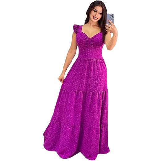 Vestido longo luxo franzido com babada na manga