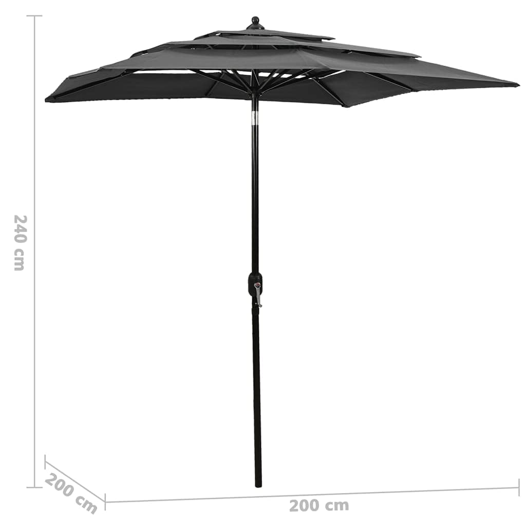 Parasol przeciwsłoneczny z aluminiowym masztem, 3-warstwowy, antracytowy, 2 x 2 m, odporny na działanie promieni UV, zginany i przechylany, z korbą, odporny na warunki atmosferyczne