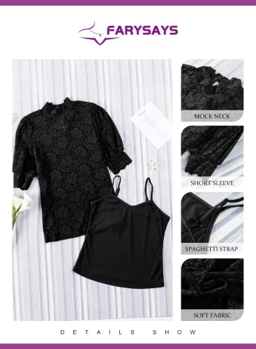 Farysays Women's Casual Summer Puff Short Sleeve Lace Crochet Tops Mock Neck Elegant Cute Blouses Shirts Black Medium #TOP3