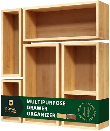ROYAL CRAFT WOOD 5-Piece Bamboo Drawer Organizer Set – Multi-Use Storage Trays for Kitchen, Bathroom, Office, Makeup, Jewelry & More – Junk Drawer Tray, Utensil Holder, Storage Box & Bin Set (5 Boxes)