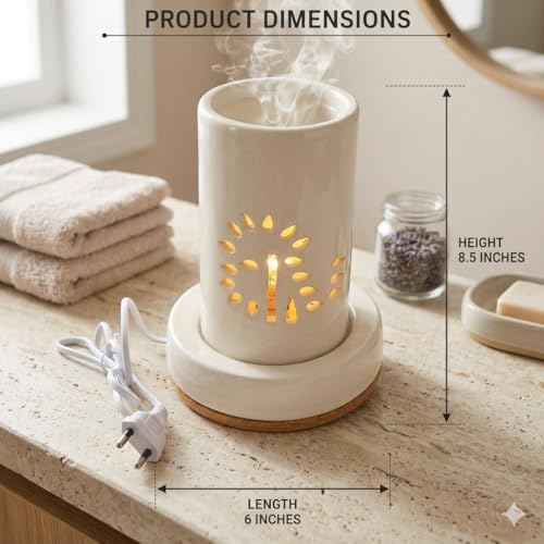 Image of Pure Source India Handcrafted 8.5 inch Ivory White Ceramic Electric Diffuser, Aroma Oil Diffuser, Oil Burner for use in Homes, Offices, Yoga Centre, Spa as Well as Outdoors