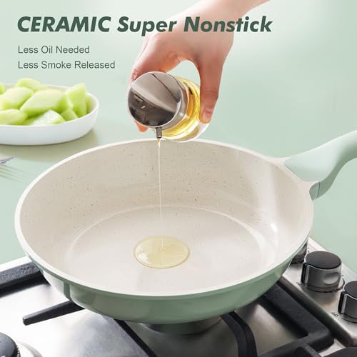 Image of SENSARTE Nonstick Ceramic Frying Pan with Lid 12.5 Inch Cooking Pan Skillet, Free of Intentionally Added PFAS /PTFE Non-toxic Chef's Pan Induction Compatible Pan, Heat Resistant Handle, Mint Green