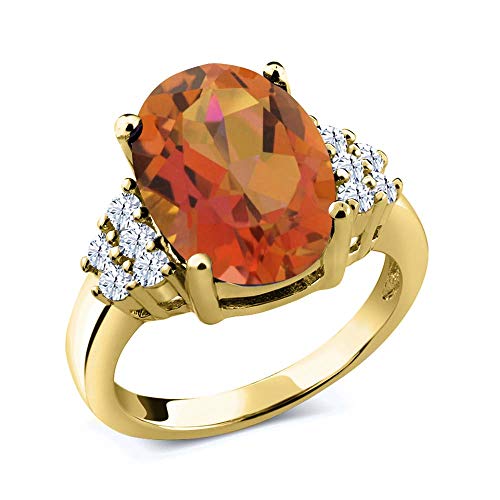 Gem Stone King 4.40 Ct Twilight Orange Mystic Quartz White Created Sapphire 18K Yellow Gold Plated Silver Ring (Size 8)