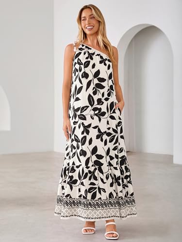 Glamaker Womens Summer One Shoulder Maxi Dress Casual Sleeveless Printed Flowy Boho Beach Long Sundresses Vacation Clothes Beige Black — view 3