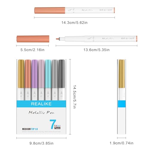 Image of REALIKE Metallic Pens for Cricut Maker 3 /Maker 4 /Maker /Explore 3 /4 /5 /Air 2 /Air, Multicolor Marker Pens Set of 7 Pack Drawing Coloring Pens Compatible with Cricut Machine (1.0 Tip)