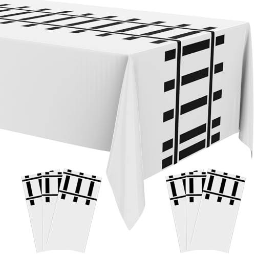 Image of Teenyyou 6 Pcs Train Party Decorations Railroad Track Tablecloths Express Train Birthday Party Supplies 54 x 108 Inch Plastic Table Covers for Railroad Track Western (White)