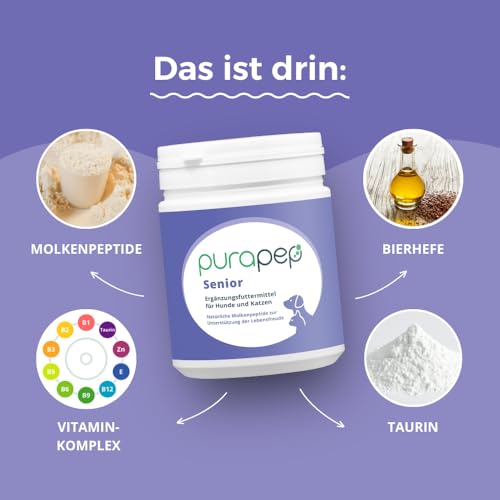 purapep Senior Power – 5-Fach Nährstoffkomplex mit Molkenprotein, Omega-3, Taurin & Vitaminen für Hunde & Katzen Senioren – Muskelaufbau & Fitness-Booster im Alter – Pulver | 280g
