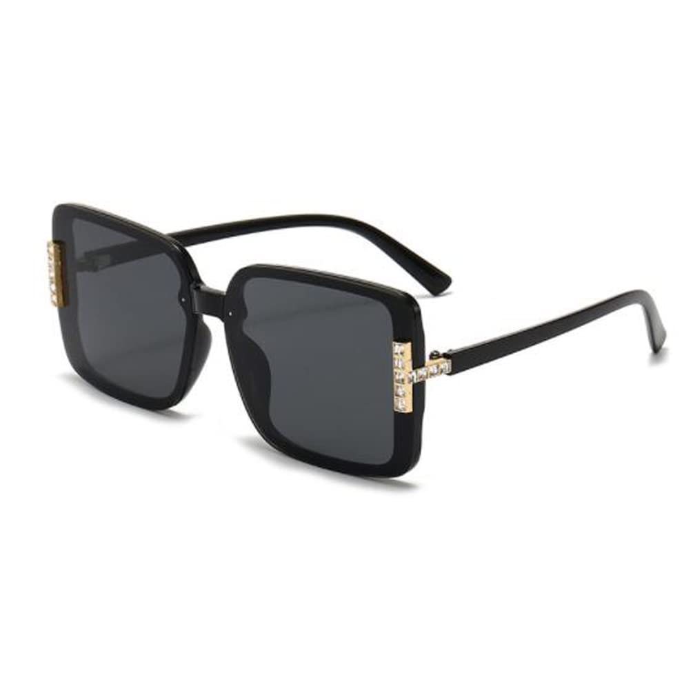 Transparent Diamond Fashion Sunglasses Square Anti-UV Sunglasses Mens and Womens Large Frame Glasses Black Frame Gray Flakes