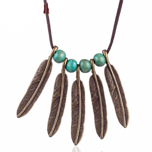 Collier plumes bois perles sautoir vintage vert parfait pour un look bohème