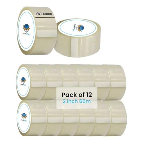 Image of Indipac Transparent Cello BOPP Tape 2 Inch 65m Roll, Heavy Duty Sealing Tape for Carton Box Packing, Warehouse, Industrial, Office & Ecommerce Packaging Tapes (Pack of 12)