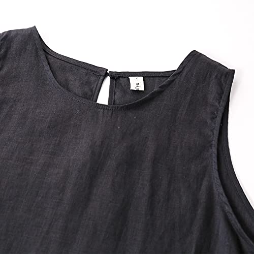 Image of Amazhiyu Women's 100% Linen High Low Midi Dress with Pocket | Summer Casual Flowy Dresses, Sleeveless Crewneck Dresses, Solid Color