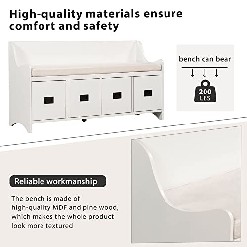 Merax Storage Bench With 4 Drawers, Shoe Bench With Backrest And Removable Cushion, For Entryway Living Room Bedroom (White) #TOP6