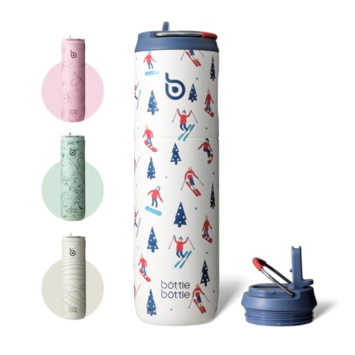BOTTLE BOTTLE Insulated Water Bottle 24oz with Straw Lid and Handle for Sports Travel Gym Stainless Steel Water Bottles Double-Wall Vacuum Metal Leak Proof BPA-Free (Skiing)