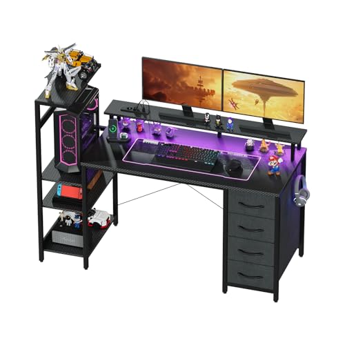 YOUDENOVA Mesa de Juegos con iluminación LED y Enchufe, 130 x 50 cm, Escritorio para Videojuegos, Mesa de Ordenador con cajones, Fibra de Carbono Negro