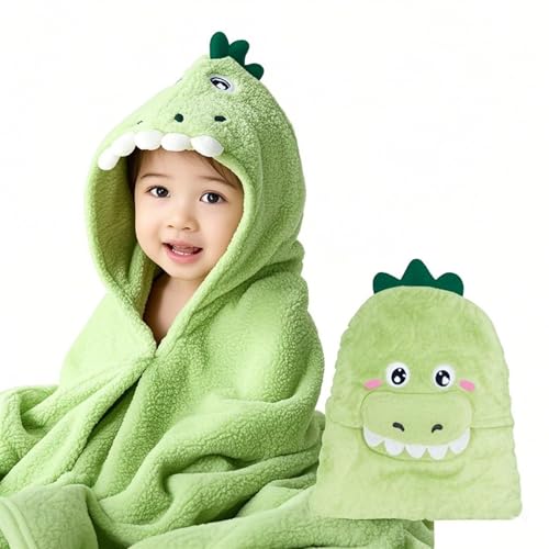 Image of Cute Animal Hooded Baby Towel Soft Coral Fleece Baby Towels with Hood Toddler Bath Towel Large 27 x 55 Inch Ultra Absorbent Hooded Bath Towels for Babies Baby Bath Towel（Green