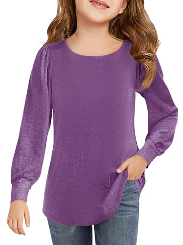 Image of Haloumoning Girls Puff Long Sleeve Shirts Fall Tops 5-14Y | Casual,Solid Color,Crewneck, Soft, Tunic Tops Blouse,Kids Long Sleeve T Shirt,,Fashion Clothes