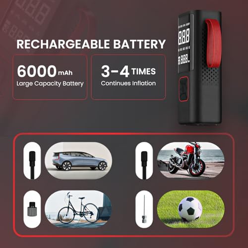 Image of Airbank CR01 Portable Tyre Inflator 150 PSI, 6000mAh Cordless & Corded Air Pump with Digital Display, LED Light - (Black & Red)