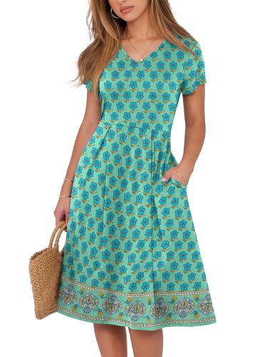 Image of ANRABESS Women Summer Dress Casual Short Sleeve V Neck A-Line Knee Length Pleated Flowy 2026 Fashion Midi Dresses with Pocket