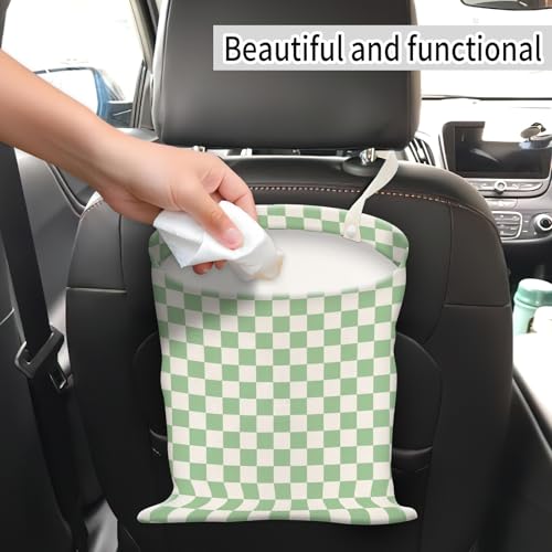 Image of Car Trash Can, Hanging Garbage Bin for Men and Women, Cute Car Organizer and Storage Bag, Canvas Vehicle Trash Can Bag Easy-to-Install Cute Green Checkboard
