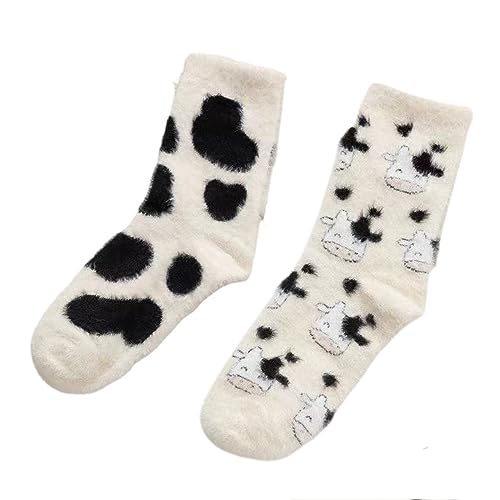 Cute Cow Fuzzy Socks, Women Warm Winter Slipper Socks, Soft Casual Socks, Cozy Fluffy Socks, Sleeping Thickened Plush Crew Socks for Home, Outside, 2 Pairs, Size 5-9
