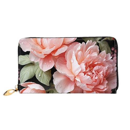 Peony Flowers Rose Women Wallets Leather Zip Around Clutch Purses Waterproof Credit Card Holder With Phone Holder Ladies Travel Coin Purse