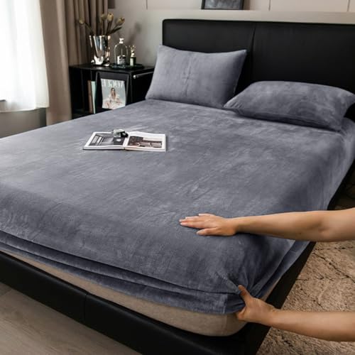 Boqingzhu Flauschige Plüsch Spannbettlaken 140x200cm Grau Winter Warm Flanell Fleece Biber Samt Cashmere Touch Spannbetttuch Kuschelig Bettlaken für...