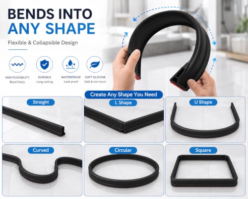 Image of Cosyeasy 1 Meter Collapsible Shower Threshold Water Dam, Self-Adhesive Silicone Water Barrier Strip, Water Stopper for Bathroom Floor, Wet & Dry Separation, Waterproof Shower Threshold, Black