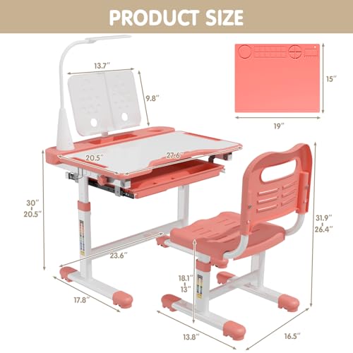 Image of BIERUM Kids Desk and Chair Set, Height Adjustable Study Table for Ages 3-12 | 55 Tiltable Student Desk, Ergonomic Widened Desktop Table with Painting Mat, Storage Drawer for Boys and Girls (Pink)