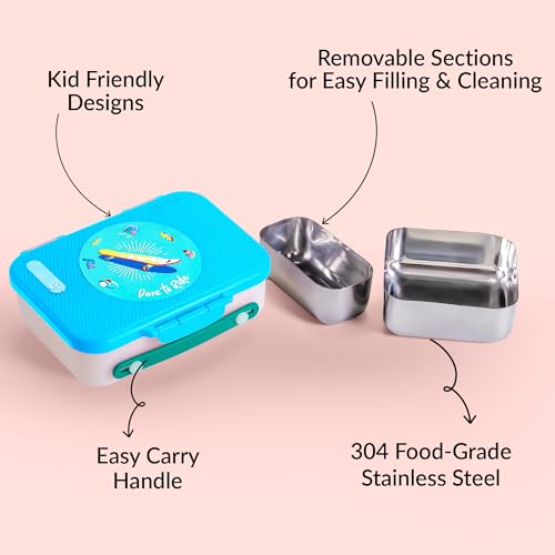 Image of rabitat Munchbee Pro Personalized Stainless Steel Kids Lunch Box 850ml- Food-Grade Steel Bento Tiffin | 2-Year Brand Warranty | Spill-Proof Flick-Lock | 3 Compartments, BPA-Free, School-Safe | Spunky