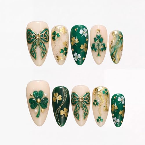 24pcs St Patricks Day Press On Nails Almond Fake Nails with Cute Bow, Gold Glitter & 3D Shamrock...
