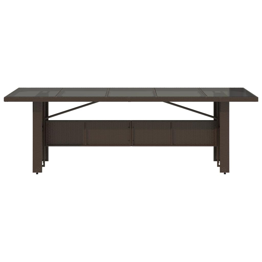 Stół ogrodowy ze szklanym blatem, brązowy, 240 x 90 x 75 cm, polirattan, stal malowana proszkowo, stół outdoorowy, na taras, balkon, do ogrodu, dla rodziny, gości, pikników, jedzenia